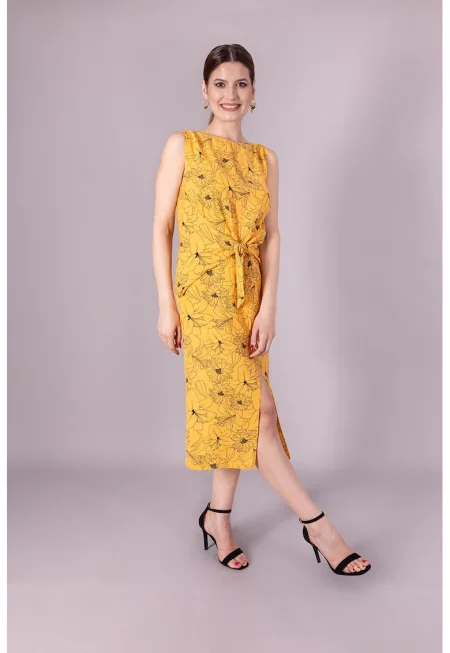 Флорална рокля с възел - Шафраново жълто