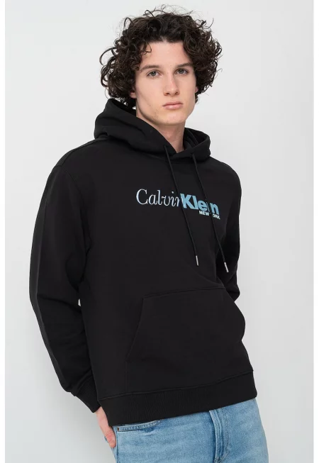 Худи с джоб кенгуру и лого - Черен/Прашно синьо