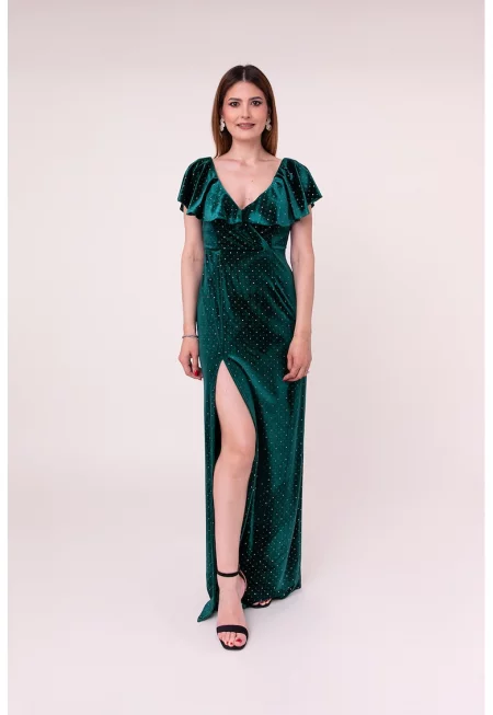 Кадифена рокля Seraphina с цепка встрани - Тъмнозелен