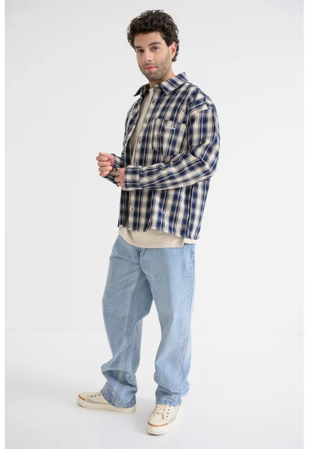 Карирана риза с паднали ръкави - Тъмносин/Избеляло черно/Мръснобял