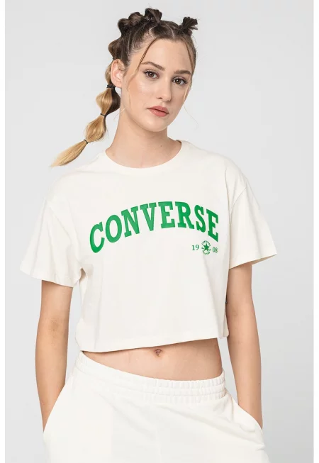 Къса памучна тениска Collegiate - Зелен/Мръснобял