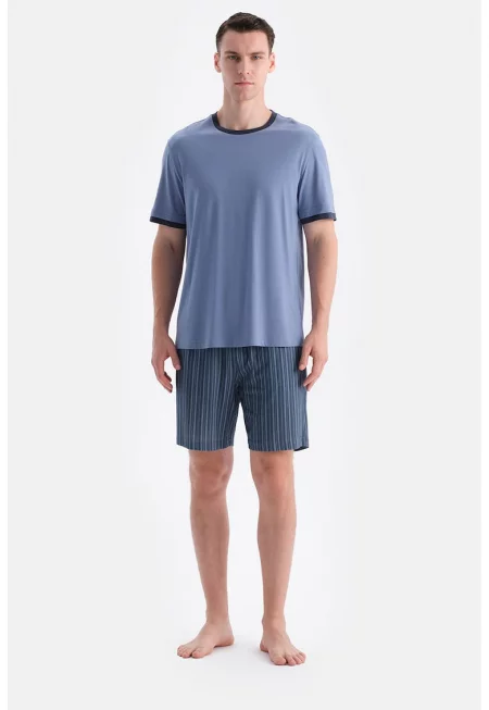 Къса пижама от памук и модал - Прашно синьо