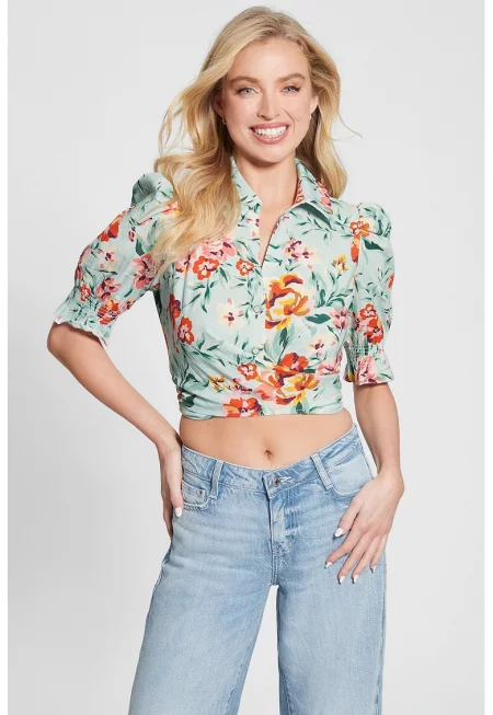 Къса риза с флорален принт - Аквамарин синьо/Изгорен портокал