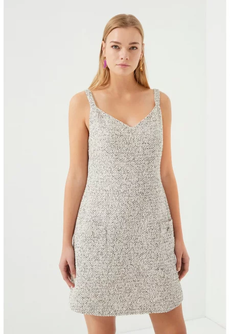 Къса рокля без ръкави с пришити джобове - Светлосив меланж