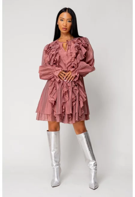 Къса рокля с волани Розов кварц 18027