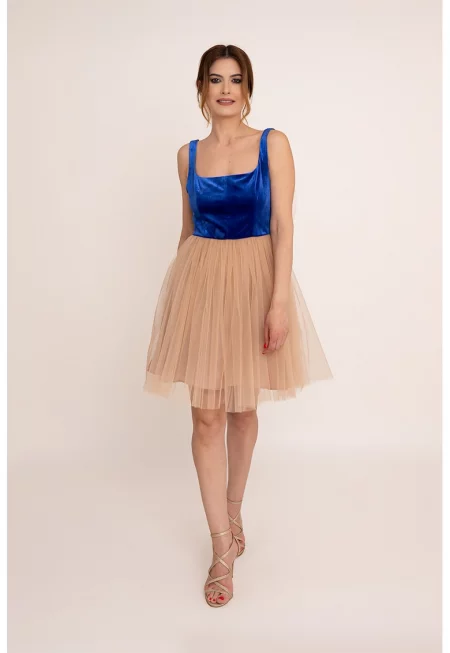 Къса рокля Valeria с панделка - Кралско Синьо/Бежов