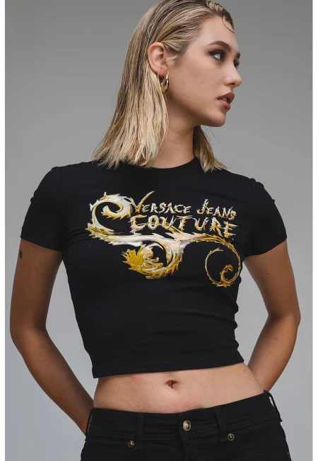 Къса тениска с памук - Златист/Черен