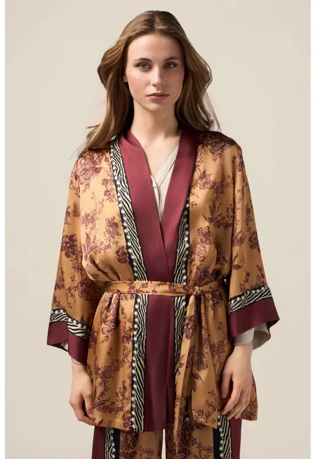 Кимоно с принт и колан - Кафяв/Камел