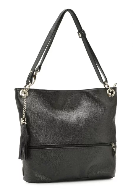 Кожена чанта с пискюл - Черен