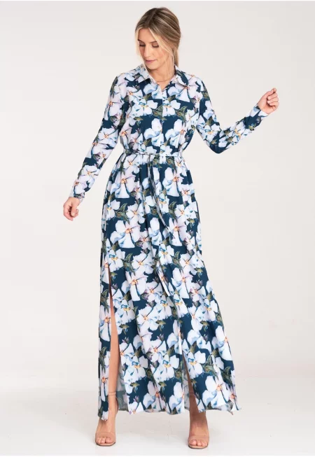 Макси рокля -  с копчета - сини флорални мотиви - полиестер -