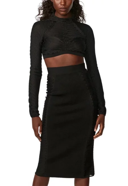 Миди пола с мрежеста основа и ръчно бродирана дантела - Черен