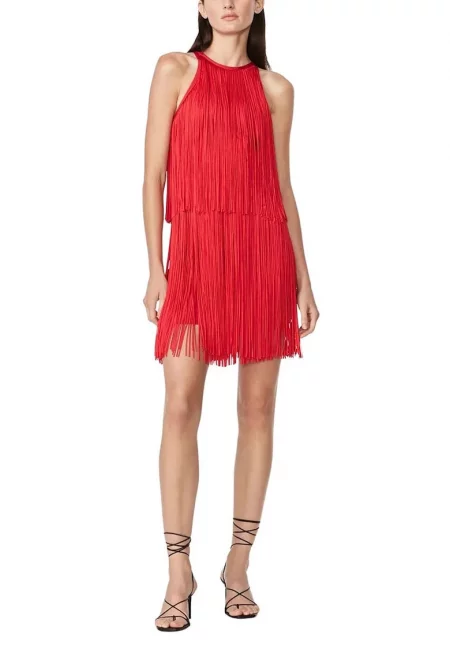 Mini Dress With Fringe Design - Червен