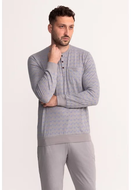 Памучна пижама Filip с връзка - Светло сив/Прашно синьо