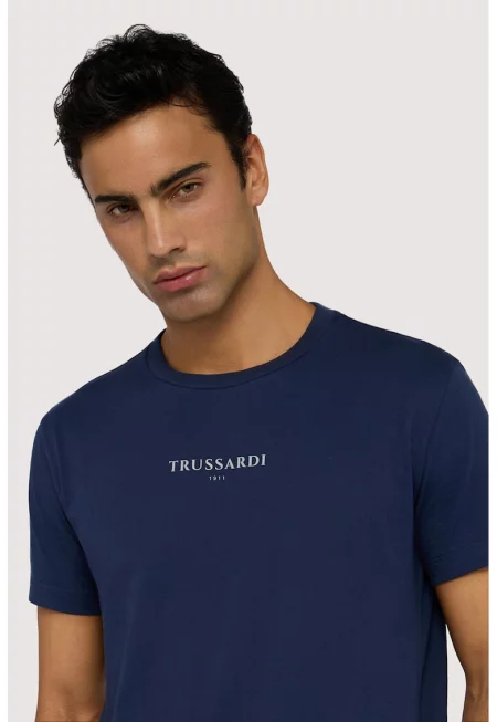 Памучна тениска с лого - Бял/Тъмносин