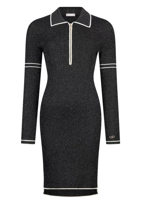 Плетена бляскава рокля с яка - Черен