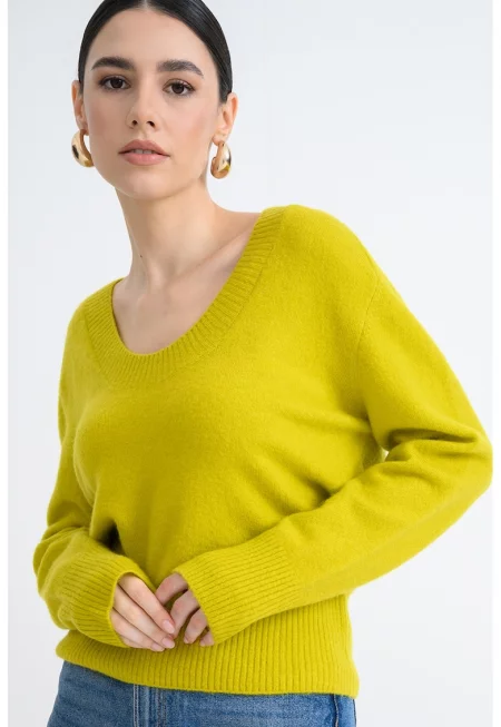 Пуловер с овално деколте - Синапено жълто