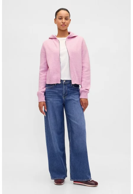 Пуловер с цип и качулка - Пастелнорозов