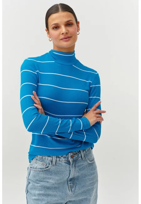 Раирана блуза с рипс - Бял/Син