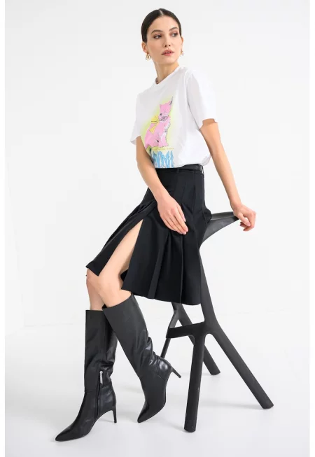 Разкроена пола с миди талия - Черен