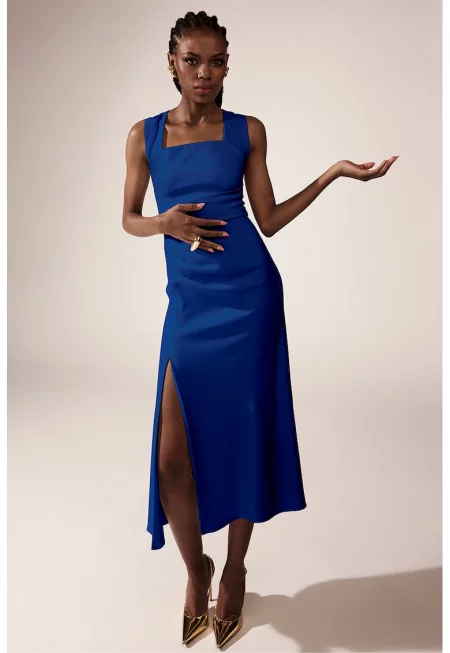 Разкроена рокля с квадратно деколте - Кралско Синьо
