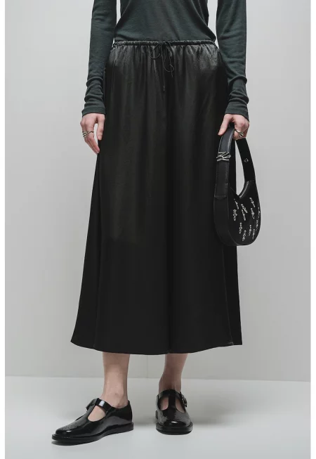 Разкроена сатенена миди пола - Тъмнозелен