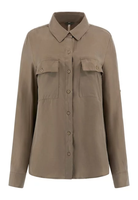 Риза с лиосел с джобове на гърдите - Сиво-кафяв