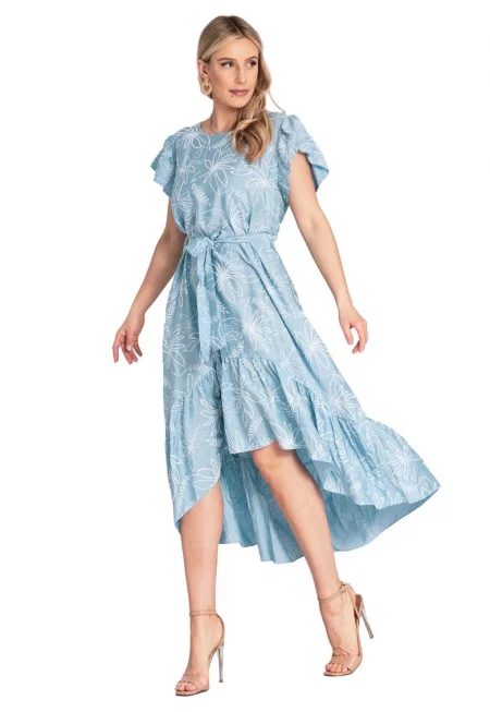 Рокля  M1179 - флорален принт - волани - синя - качествен материал - вискоза - Един размер