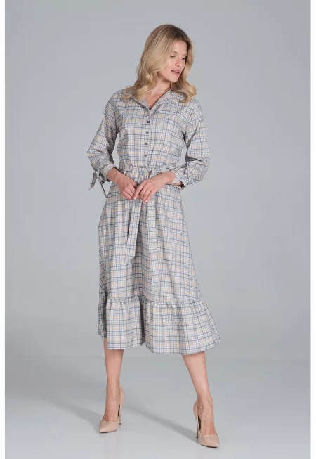 Рокля-риза  M840 - модел 121 - с колан - разкроена кройка - бежова - 100% полиестер