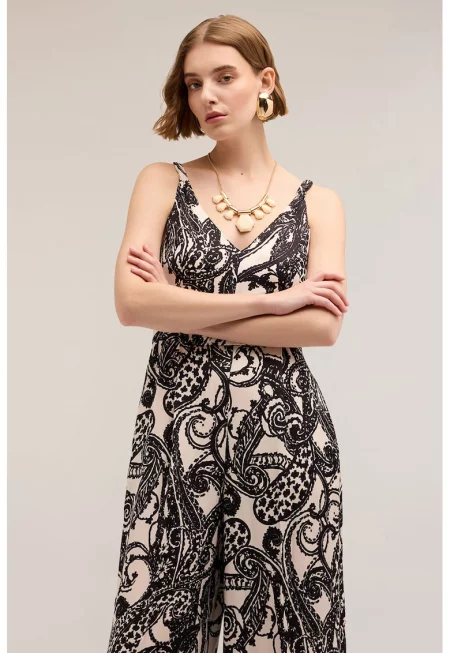 Широк десениран панталон - Бял/Черен