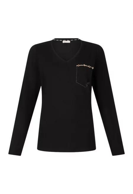 Шпиц блуза с декоративни камъни - Черен