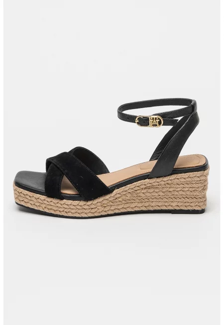 Скосени сандали от кожа и велур - Черен