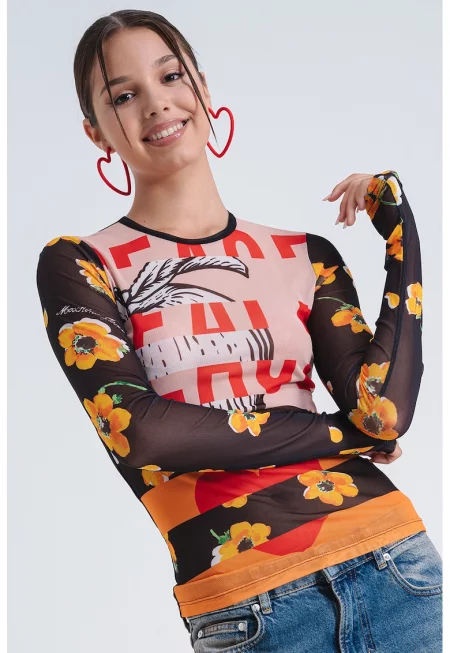 Слим блуза с лого - Черен/Оранжев/Бежов
