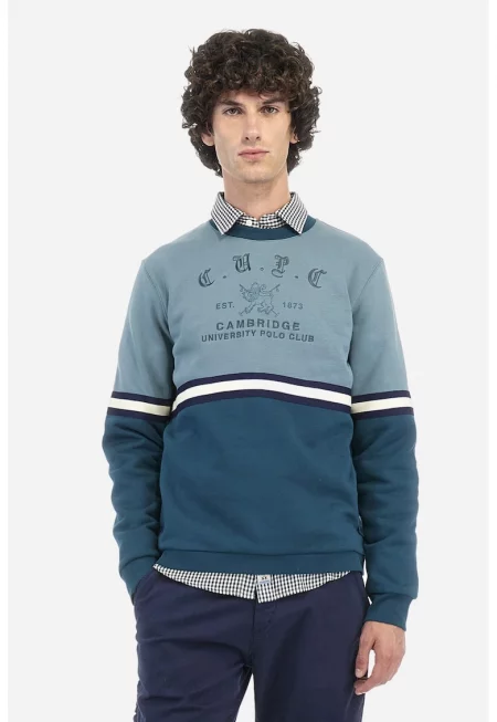 Суитшърт с овално деколте и принт - Бял/Син