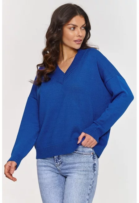 Свободен пуловер с V-образно деколте -