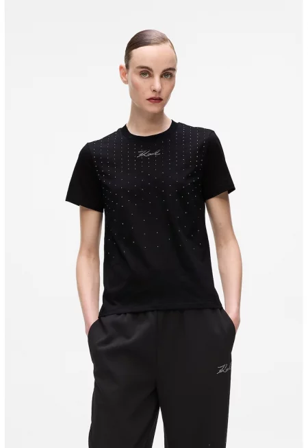 Тениска от органичен памук с декоративни камъни - Черен