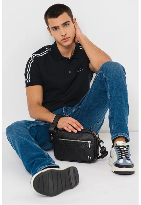 Тениска с памук - яка и лого - Бял/Тъмносин