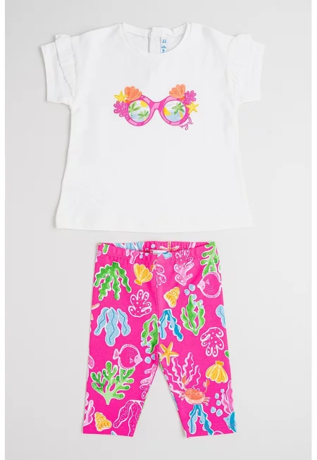 Тениска с принт и клин - Фуксия/Бял