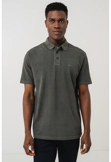 Тениска с яка и лого - Тъмно каки