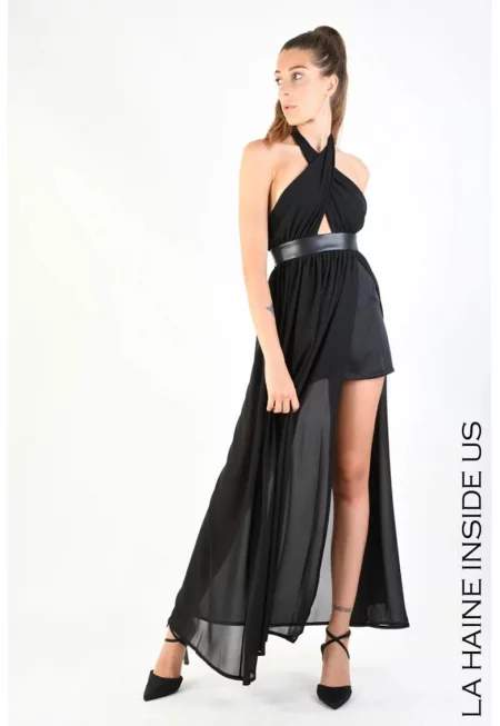 Асиметрична дълга рокля с гол гръб - Черна -