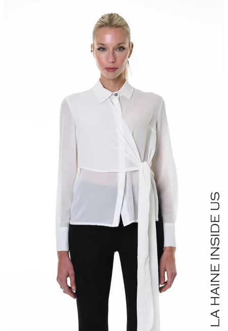 Асиметрична риза със скрити копчета - Бял