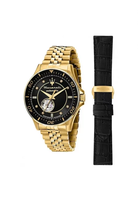 Часовник  Sfida Open Heart Автоматичен - Черен/Златист - 10 ATM - с черна кожена каишка за смяна