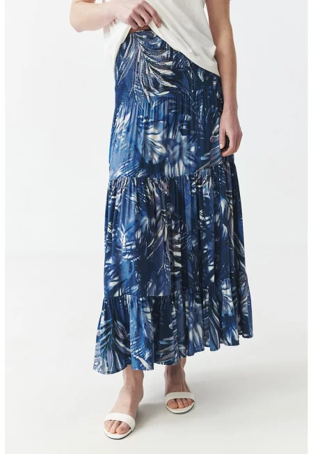 Дълга пола с тропическа шарка - Бял/Тъмносин