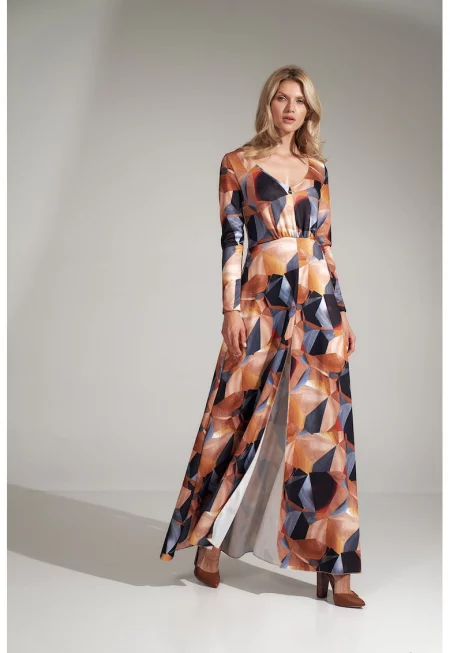 Дълга рокля  елегантна - геометрична шарка - едноцветна - полиестер