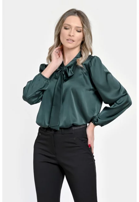 Дамска блуза от сатен - тъмнозелена - елегантна с панделка V303 -
