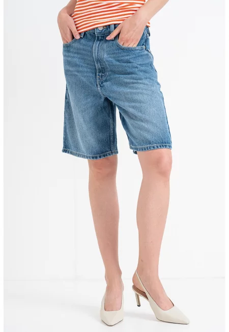 Дънкови бермуди с висока талия - Светлосин