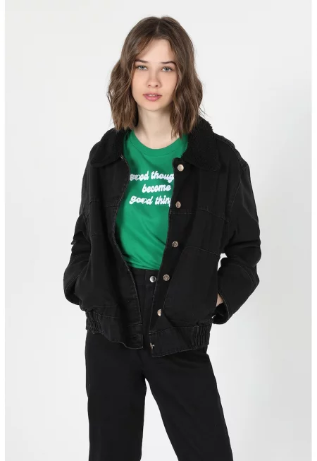 Дънково яке с еко пух на яката - Избеляло черно