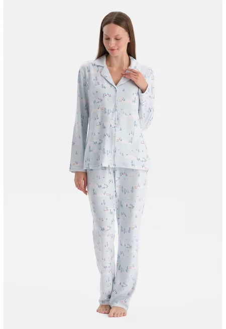 Десенирана пижама с колан - Светлосин