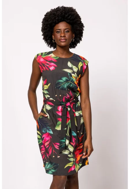 Десенирана рокля Vafudis с джобове встрани - Зелен/Яркорозово/Светло оранжево