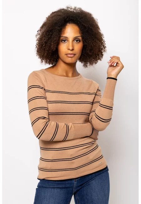 Фино плетен раиран пуловер - Черен/Бежов