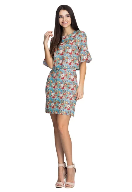 Флорален комплект  блуза с волани - миди пола молив - полиестер